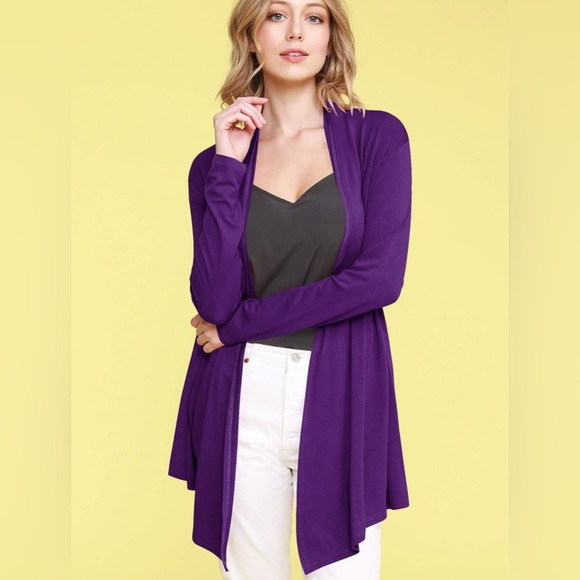 Draped Front Open Cardigan Casual Long Sleeve Lightweight Cardigan -purple - Picture 5 of 6